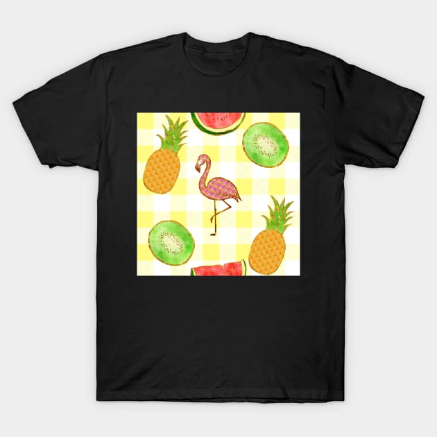 flamingo,  yellow, square, pineapple, banana, yellow, orange, juicy, fruit, glitter, gold, summer, pattern, funny, sunny T-Shirt by ArtInPi